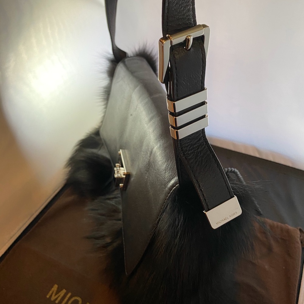 MK Jet Black Fox Fur/Black Leather Flat Crossbody - Picture 4 of 8